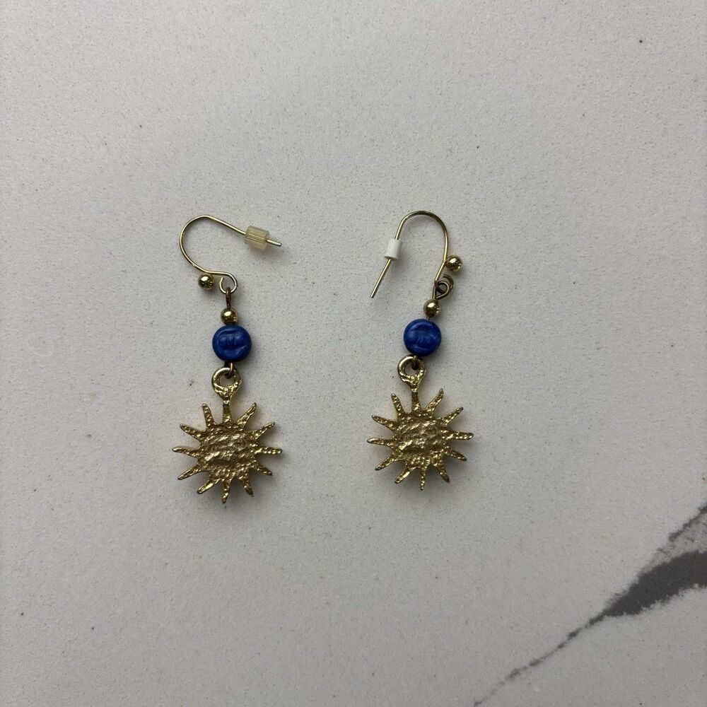 Celestial Sun Face Dangle Earrings Gold Tone Blue Sunburst Cosmic Boho Jewelry - Picture 7 of 7
